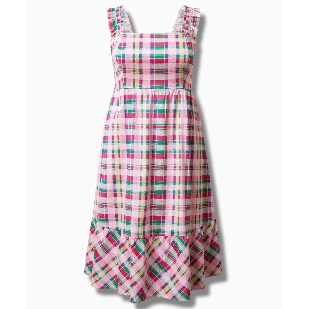 Torrid Plaid Ruffle Strap Smocked Back Midi Dress Pink Cottagecore Plus Size 2